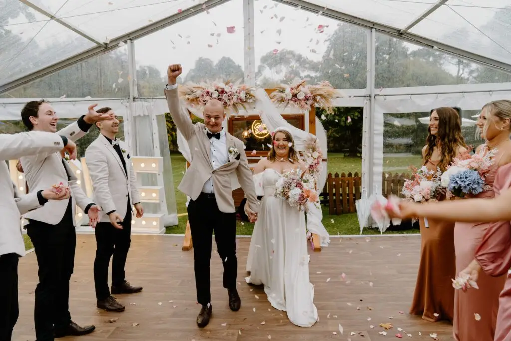 Happy wedding celebration with confetti