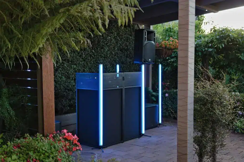 Outdoor DJ booth with lights