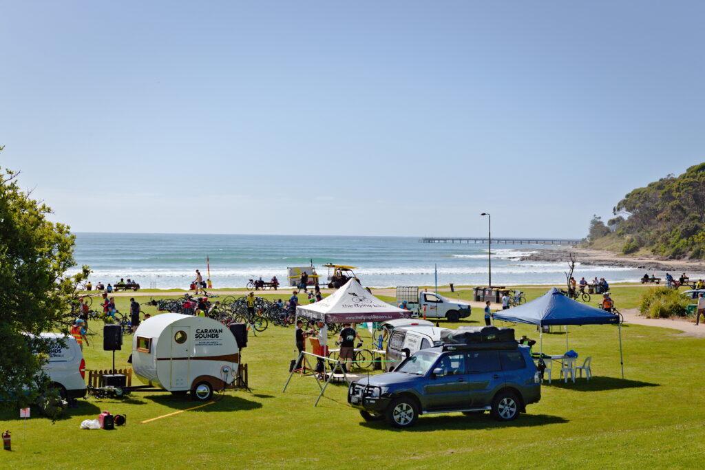 Beach event with campers and cars