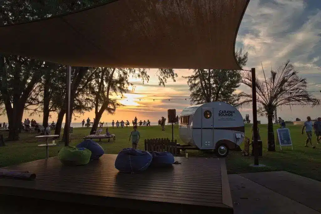 Outdoor event at sunset