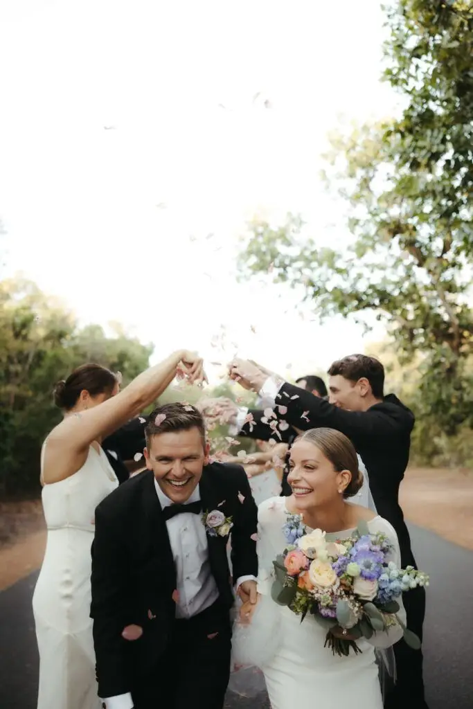 Newlyweds showered with confetti